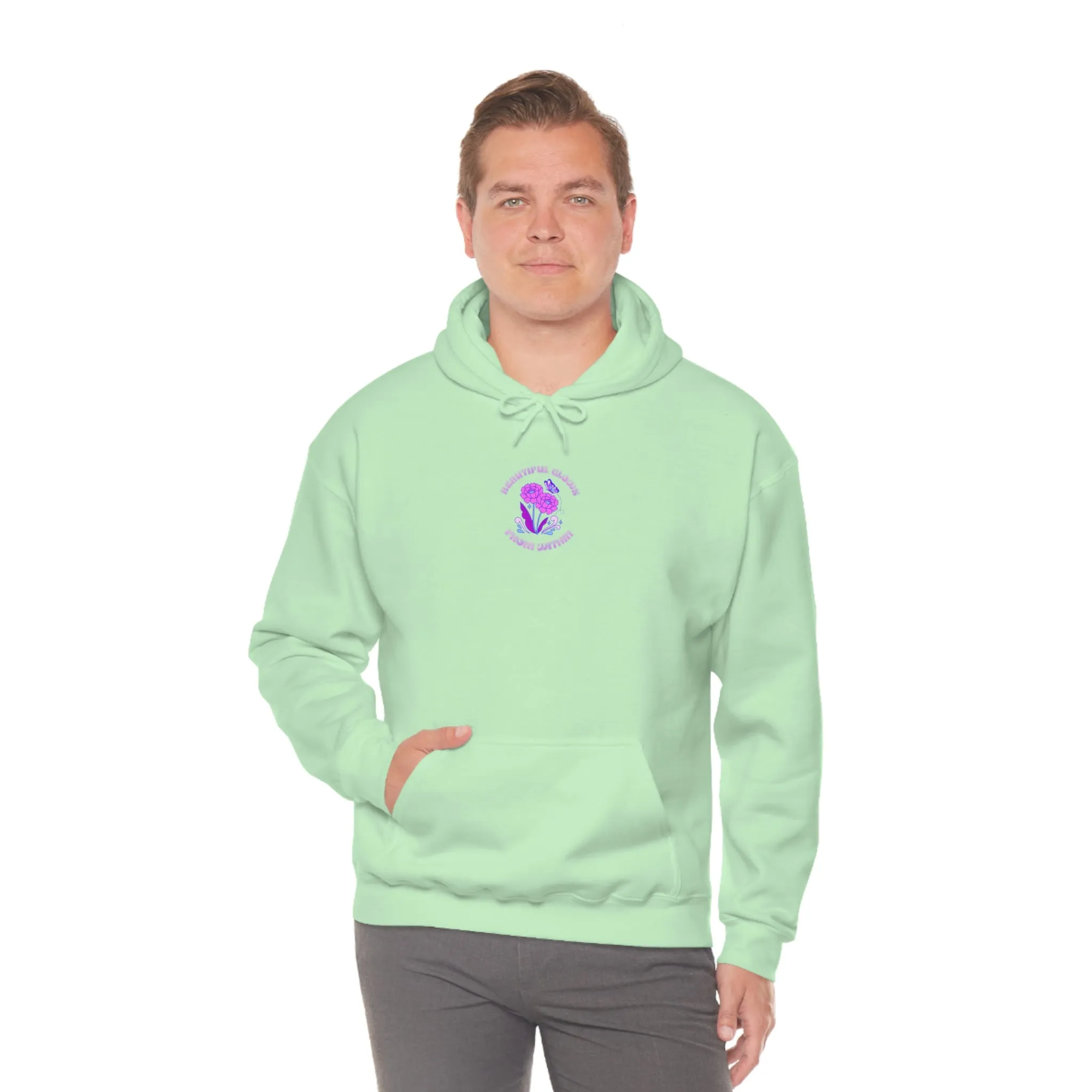 Beautiful Glows from Within Purple Flower Hoodie, Oversized Hoodie, Front Back Print Trendy Sweatshirt, Beach Cover Up, Lake Cover Up