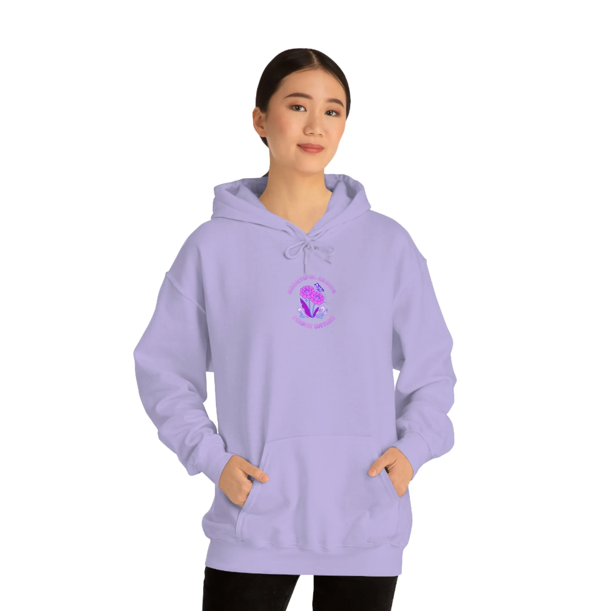 Beautiful Glows from Within Purple Flower Hoodie, Oversized Hoodie, Front Back Print Trendy Sweatshirt, Beach Cover Up, Lake Cover Up