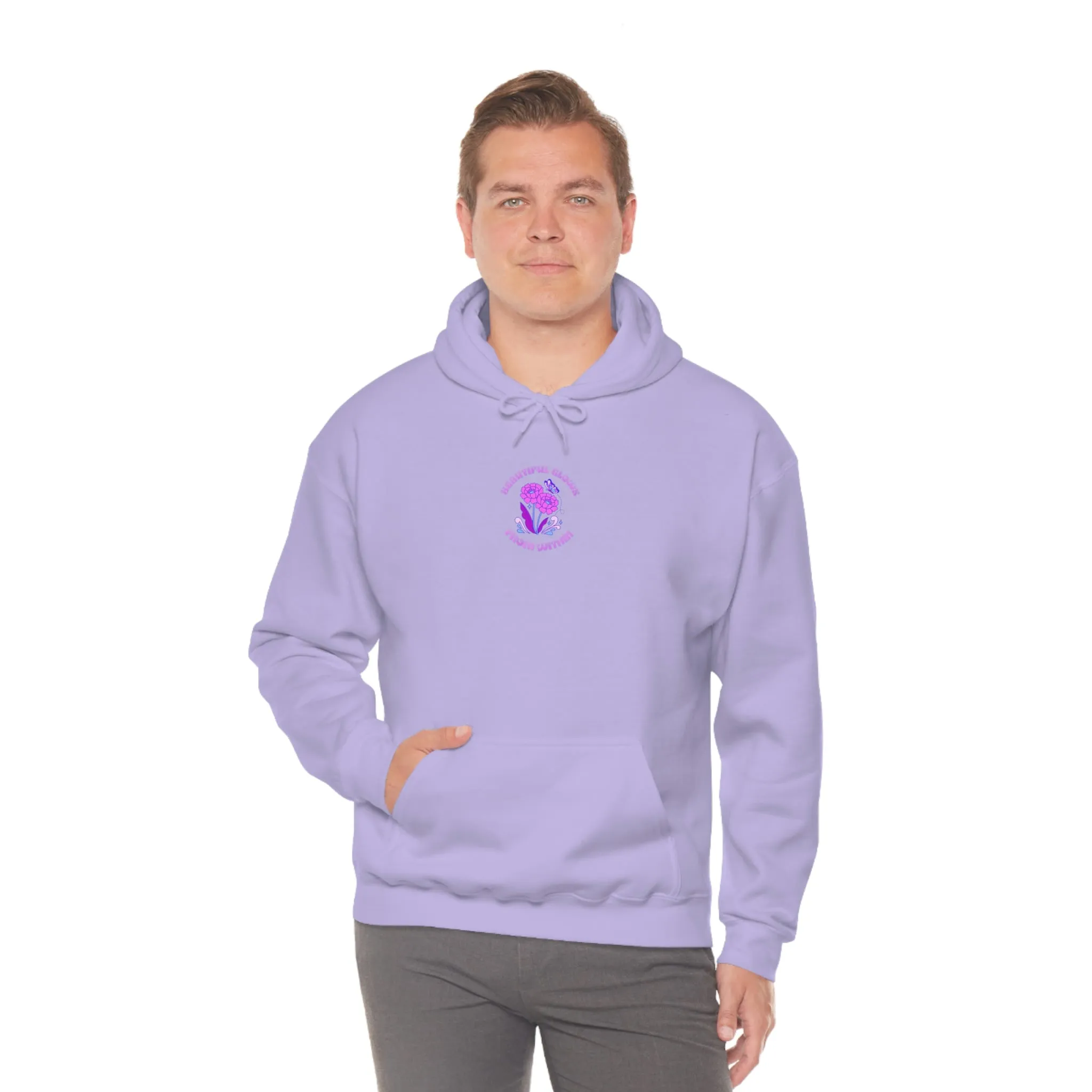 Beautiful Glows from Within Purple Flower Hoodie, Oversized Hoodie, Front Back Print Trendy Sweatshirt, Beach Cover Up, Lake Cover Up