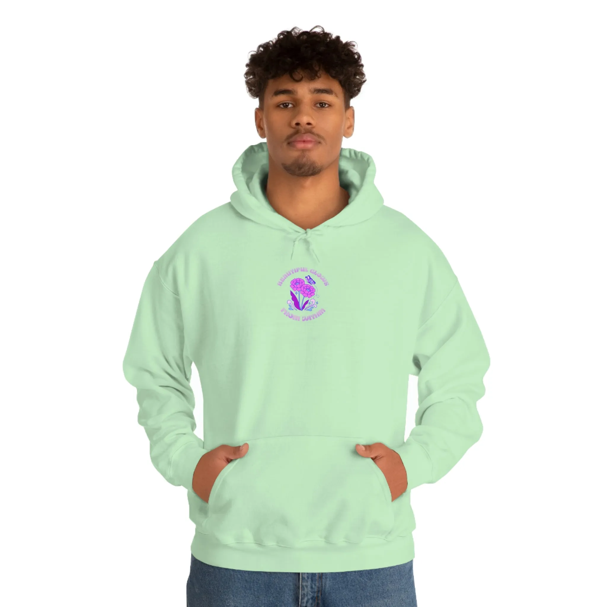 Beautiful Glows from Within Purple Flower Hoodie, Oversized Hoodie, Front Back Print Trendy Sweatshirt, Beach Cover Up, Lake Cover Up