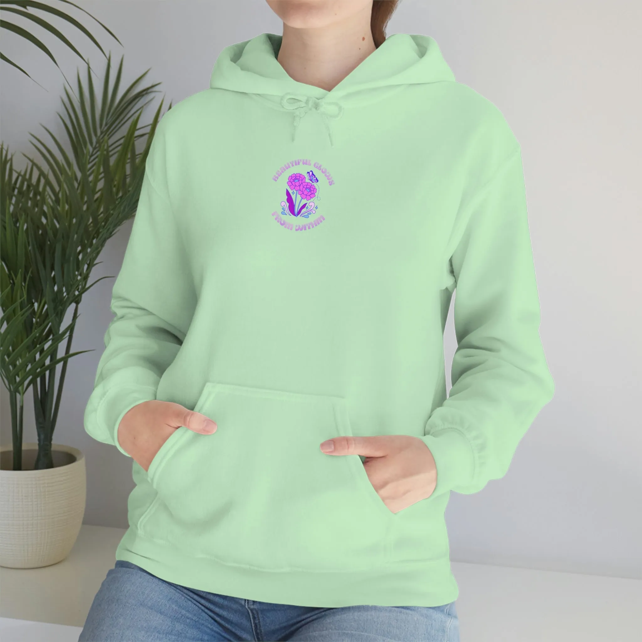 Beautiful Glows from Within Purple Flower Hoodie, Oversized Hoodie, Front Back Print Trendy Sweatshirt, Beach Cover Up, Lake Cover Up