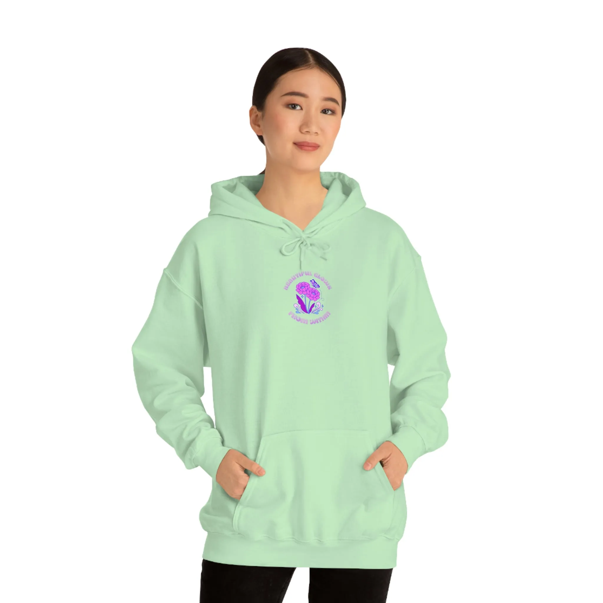 Beautiful Glows from Within Purple Flower Hoodie, Oversized Hoodie, Front Back Print Trendy Sweatshirt, Beach Cover Up, Lake Cover Up