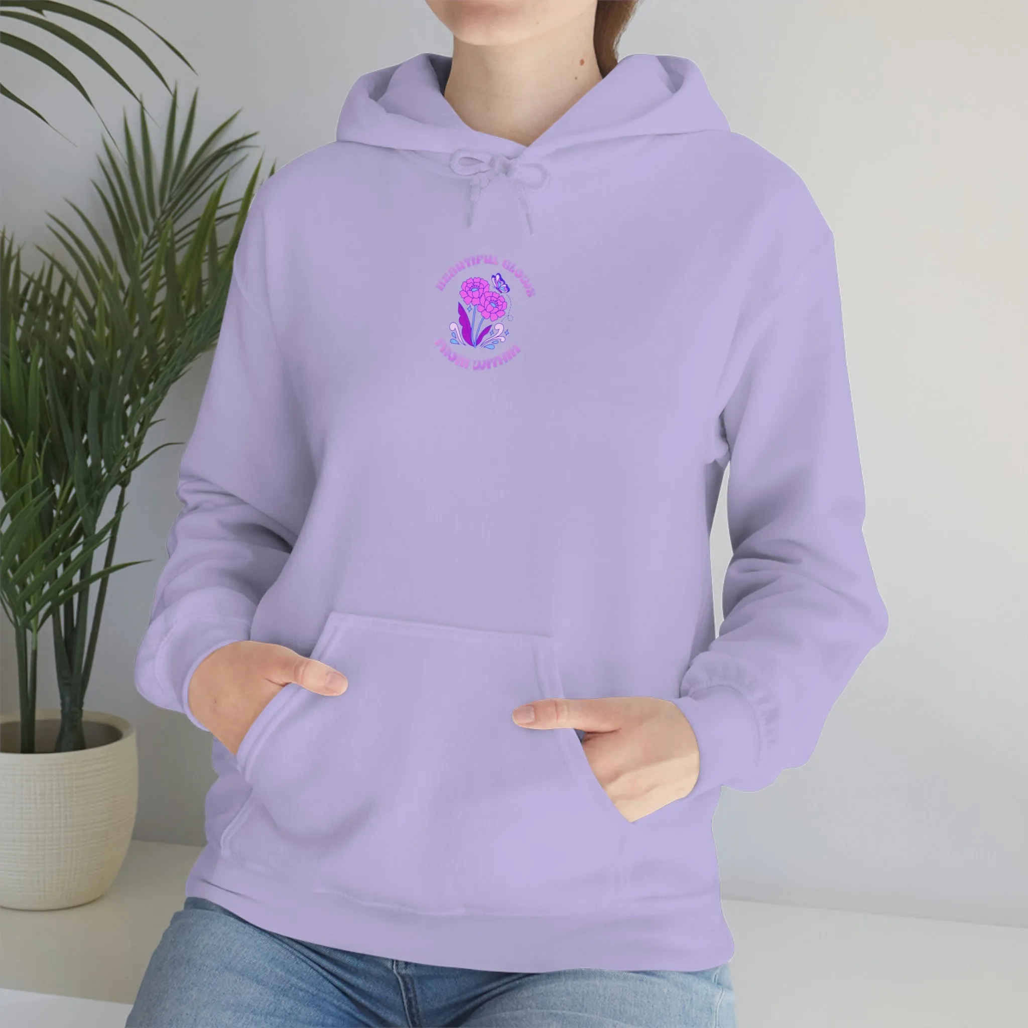 Beautiful Glows from Within Purple Flower Hoodie, Oversized Hoodie, Front Back Print Trendy Sweatshirt, Beach Cover Up, Lake Cover Up