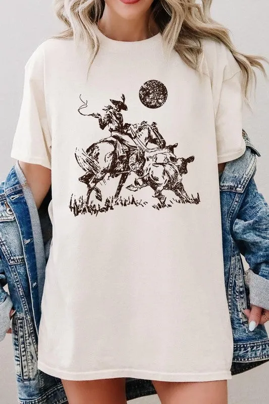 Cowboy Lasso Cow Western Graphic Heavy Cotton Tee