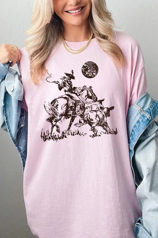 Cowboy Lasso Cow Western Graphic Heavy Cotton Tee