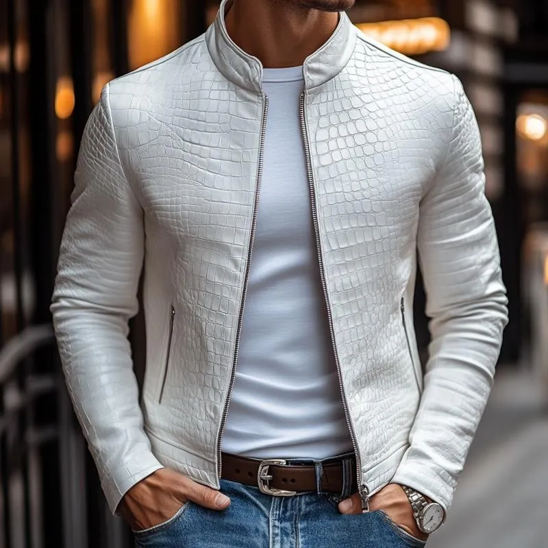 Ethan - Stylish Stone Pattern Stand Collar Zipper Leather Jacket