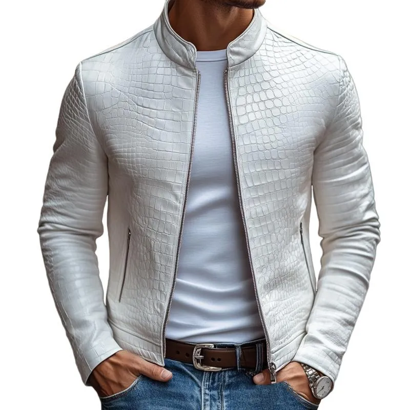 Ethan - Stylish Stone Pattern Stand Collar Zipper Leather Jacket