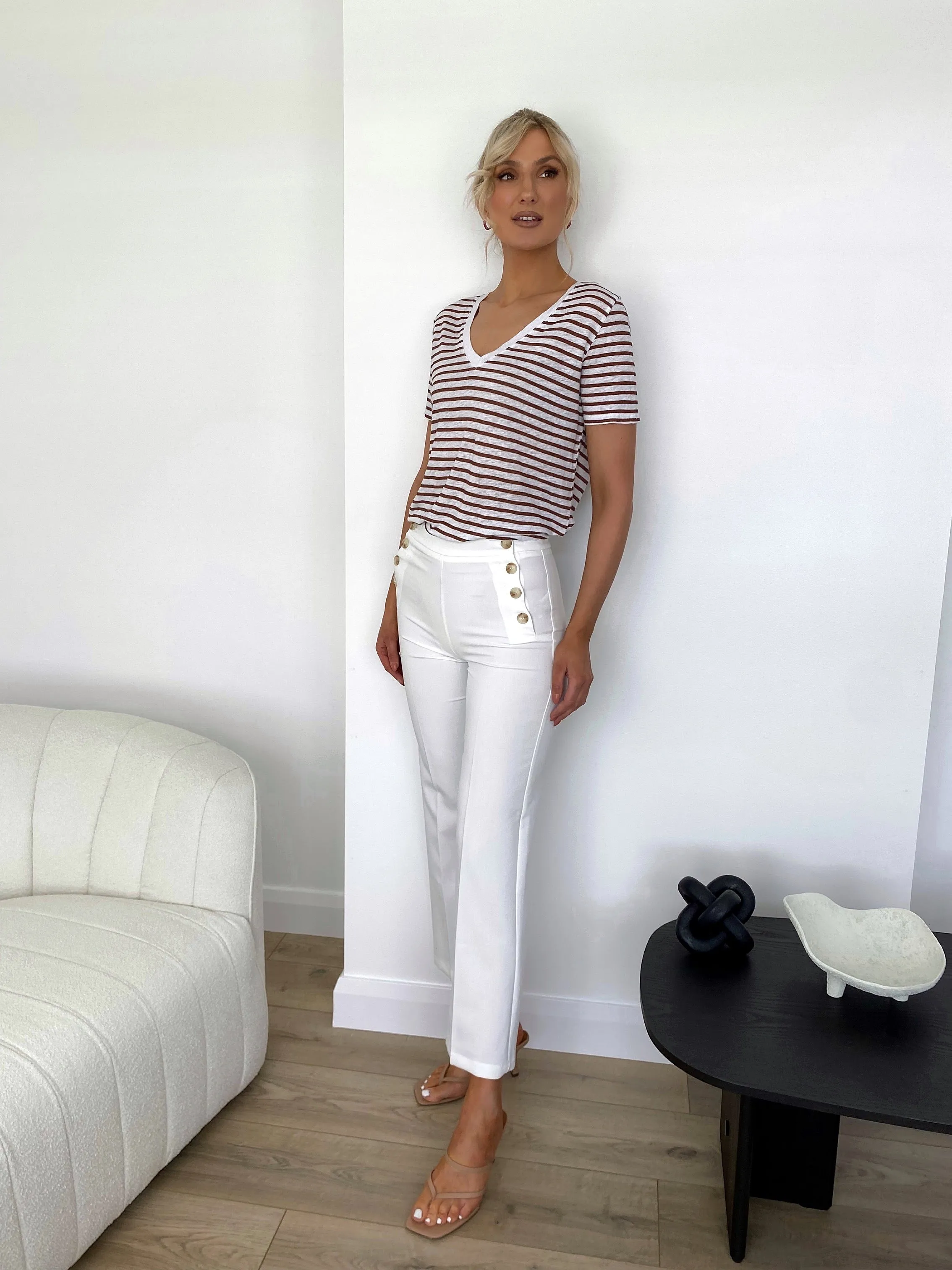 Vera Wide Leg Buttoned Trousers - White